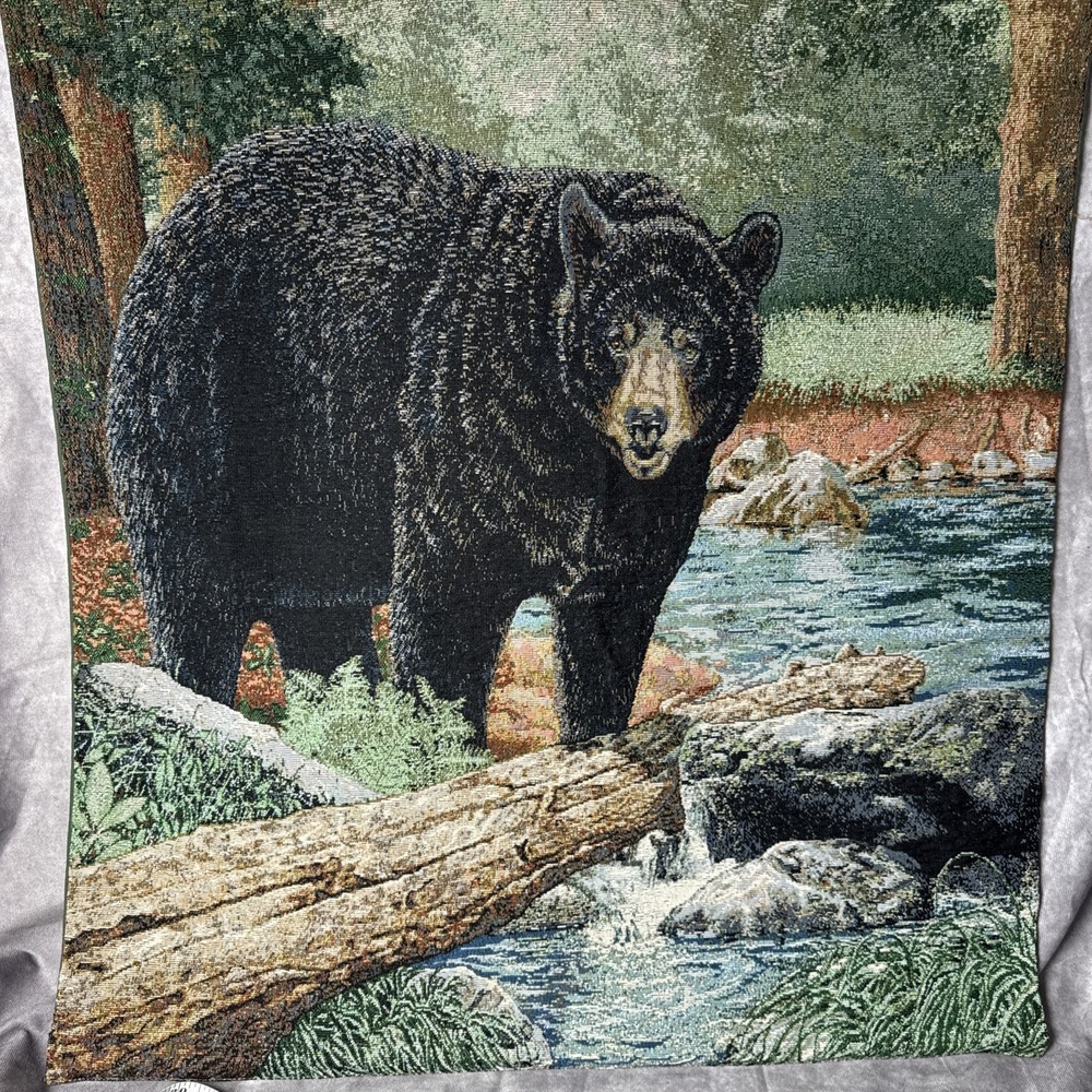 BLACK BEAR Wall‎ Tapestry With Hanging Rod Cabin Hunting Mancave Decor 35"x25.5"